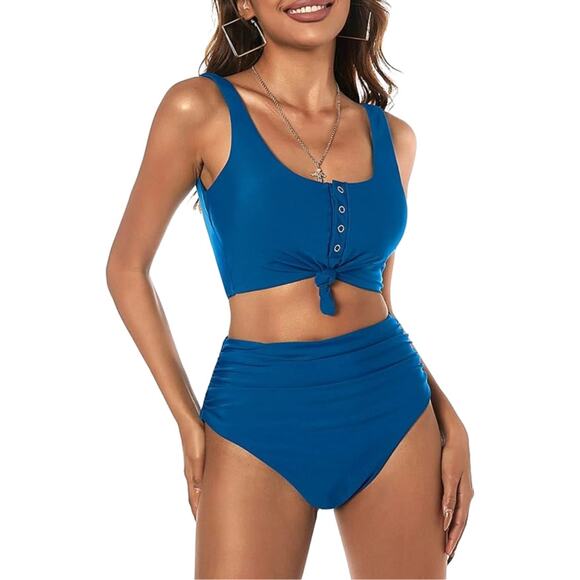 ZAFUL NWT Cerulean Blue High Waist Scoop Neck Snap Tie 2 Piece Bikini Swimsuit - Picture 1 of 16